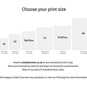 May include: A chart showing different print sizes for artwork, including A0, A1, A2, A3, A4, 50x70cm, and 61x91cm. The chart includes the dimensions in both centimeters and inches.