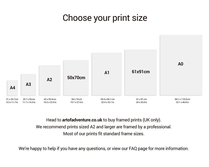 May include: A chart showing different print sizes for artwork, including A0, A1, A2, A3, A4, 50x70cm, and 61x91cm. The chart includes the dimensions in both centimeters and inches.