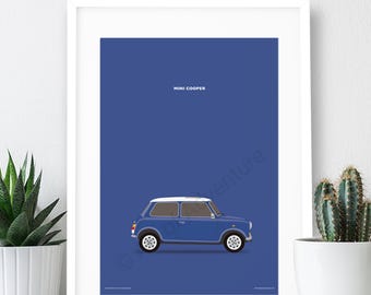 Puede incluir: Impresión enmarcada de una ilustración de un coche Mini Cooper azul sobre un fondo azul oscuro. El coche tiene un techo blanco. El texto "MINI COOPER" está en la parte superior. Ideal para decoración del hogar.