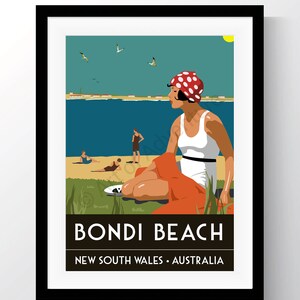 May include: A vintage travel poster featuring a woman in a red and white polka dot swimsuit and a red and white polka dot hat sitting on a beach with a blue ocean in the background. The poster reads "Bondi Beach, New South Wales, Australia."