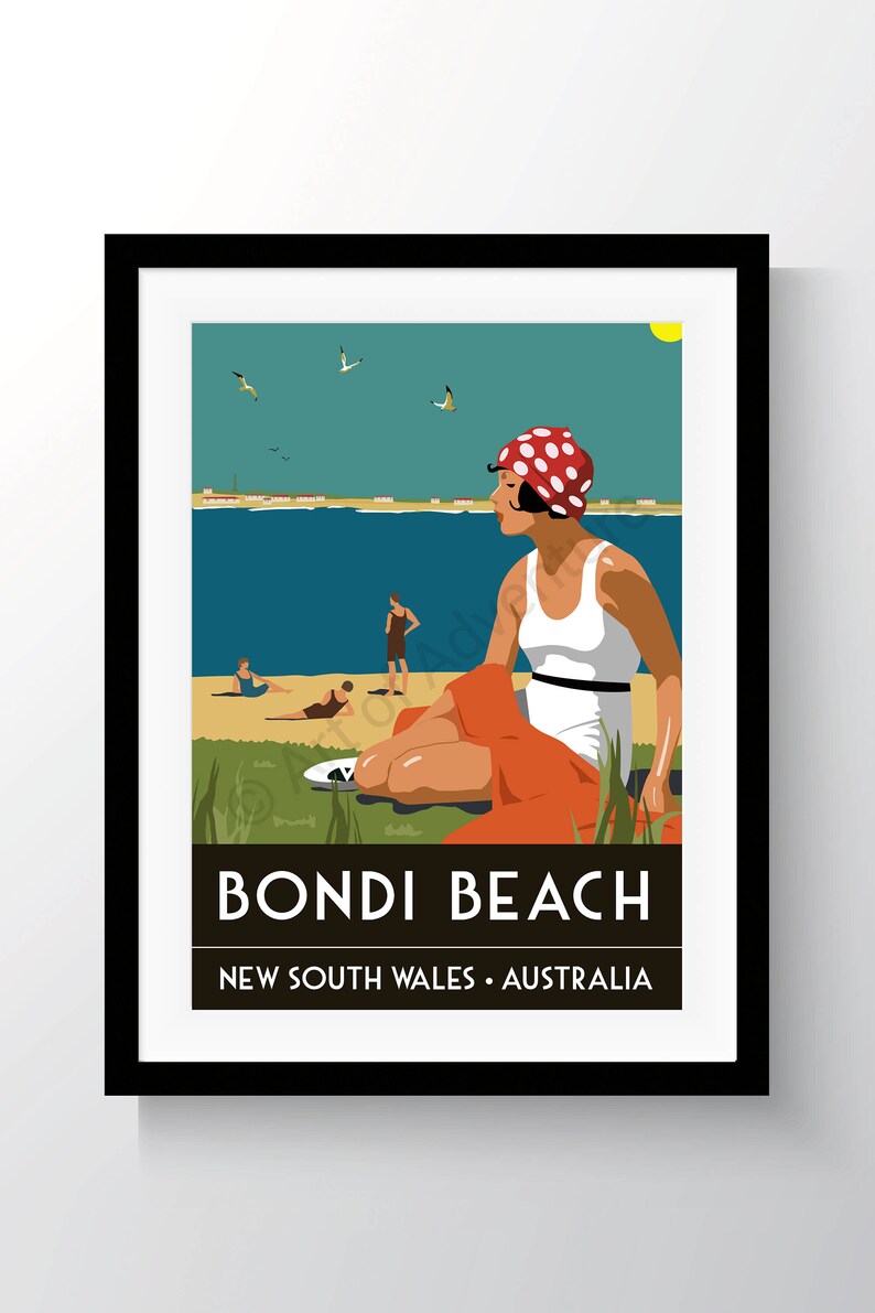 May include: A vintage travel poster featuring a woman in a red and white polka dot swimsuit and a red and white polka dot hat sitting on a beach with a blue ocean in the background. The poster reads "Bondi Beach, New South Wales, Australia."