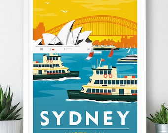 Sydney, Australia Travel Poster, Harbour Ferries Sunset: Art Print (A2, A1 or A0)