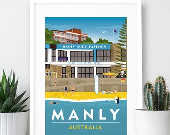 Manly Beach, Australia Travel Poster, Manly Pavilion Design: Art Print (A4 or A3)