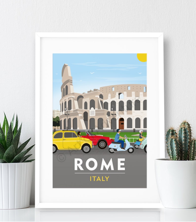 May include: A colorful illustration of the Colosseum in Rome, Italy. The illustration features a yellow car, a red car, and two blue scooters driving past the Colosseum. The text "ROME ITALY" is printed below the Colosseum.