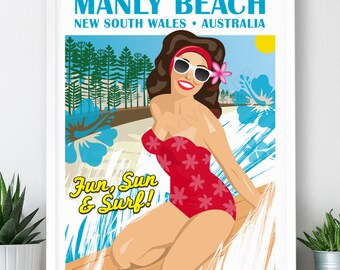 Surfer Girl – Manly Beach Large Poster / A2, A1, A0 Print / Travel Poster / Vintage Print