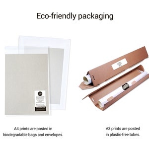 May include: Two different ways to package prints. A4 prints are shipped in biodegradable bags and envelopes. A3 prints are shipped in plastic-free tubes.