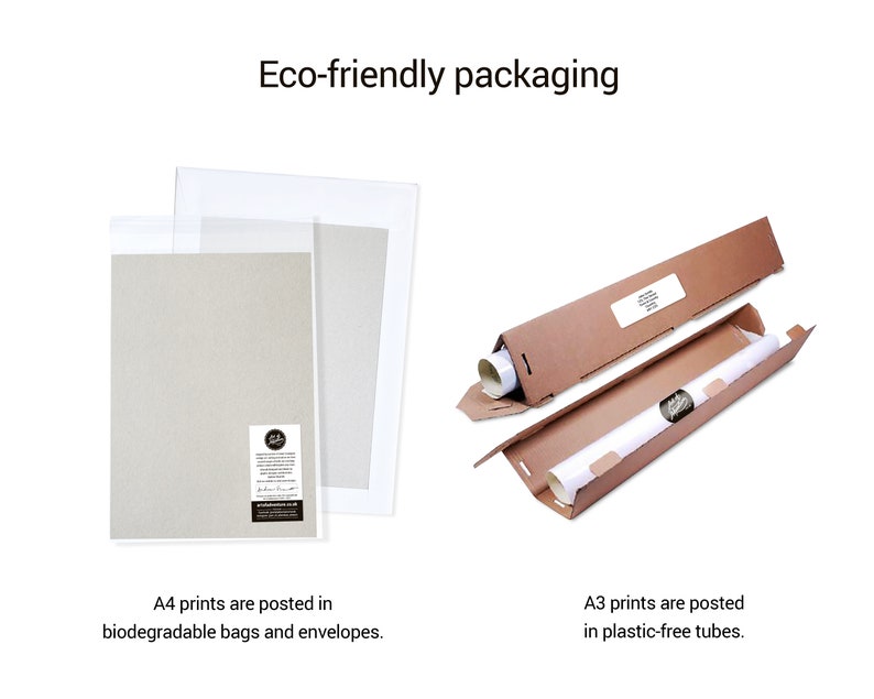 May include: Two different ways to package prints. A4 prints are shipped in biodegradable bags and envelopes. A3 prints are shipped in plastic-free tubes.