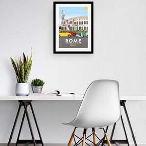 May include: A framed illustration of the Colosseum in Rome, Italy. The illustration features a yellow car, a red car, and two scooters driving past the Colosseum. The text "ROME ITALY" is printed below the illustration.