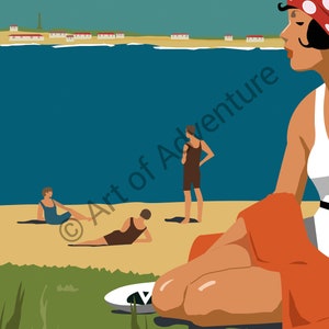 May include: A retro-style illustration of a woman in a white swimsuit and red polka dot headscarf sitting on a beach with a blue ocean in the background. The woman is sitting on a red blanket with her legs crossed. There are three other people in the background, two men and one woman, all wearing swimsuits. The text "BONDI BEACH" is at the bottom of the image.