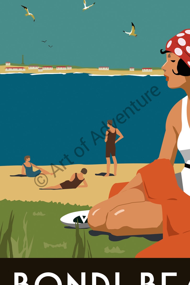 May include: A retro-style illustration of a woman in a white swimsuit and red polka dot headscarf sitting on a beach with a blue ocean in the background. The woman is sitting on a red blanket with her legs crossed. There are three other people in the background, two men and one woman, all wearing swimsuits. The text "BONDI BEACH" is at the bottom of the image.