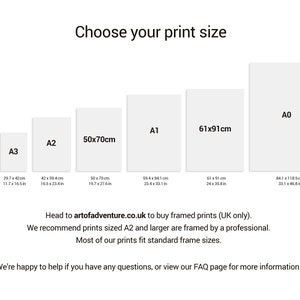 May include: A chart showing different print sizes for artwork, including A0, A1, A2, A3, A4, 50x70cm, and 61x91cm. The chart includes the dimensions in both centimeters and inches.