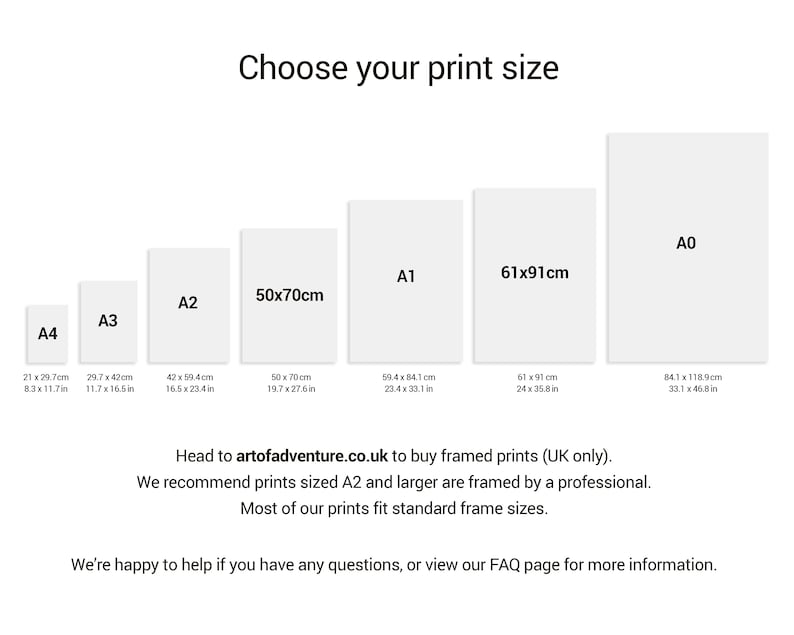 May include: A chart showing different print sizes for artwork, including A0, A1, A2, A3, A4, 50x70cm, and 61x91cm. The chart includes the dimensions in both centimeters and inches.