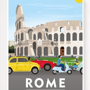 May include: A colorful illustration of the Colosseum in Rome, Italy. The illustration features a yellow car, a red convertible, and two blue scooters driving past the ancient landmark. The text "ROME ITALY" is displayed below the image.