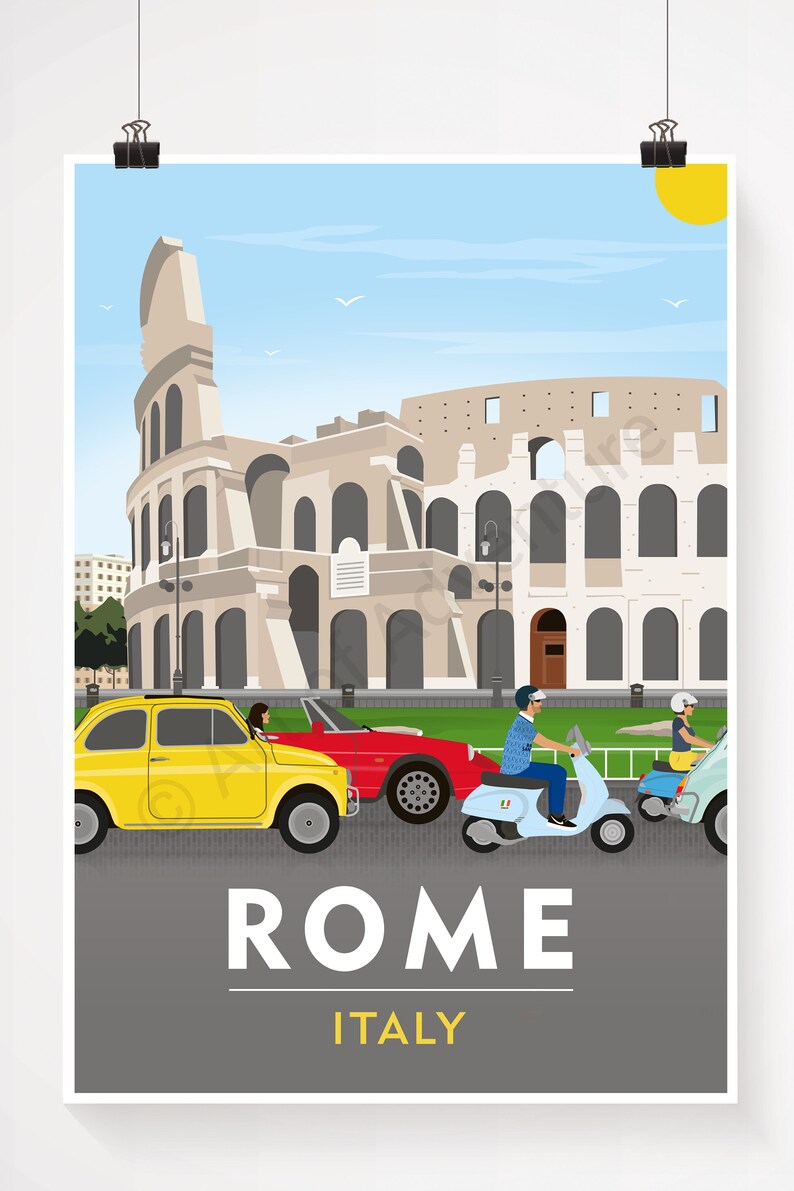 May include: A colorful illustration of the Colosseum in Rome, Italy. The illustration features a yellow car, a red convertible, and two blue scooters driving past the ancient landmark. The text "ROME ITALY" is displayed below the image.