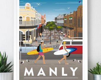 Manly Beach, Australia Travel Poster, Manly Corso: Art Print (A2, A1 or A0)