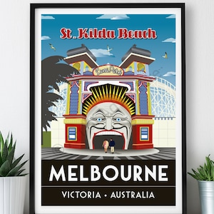 Praia de St Kilda – Pôster grande / Impressão A2, A1, A0 / Austrália / Melbourne / Pôster de viagem / Impressão vintage