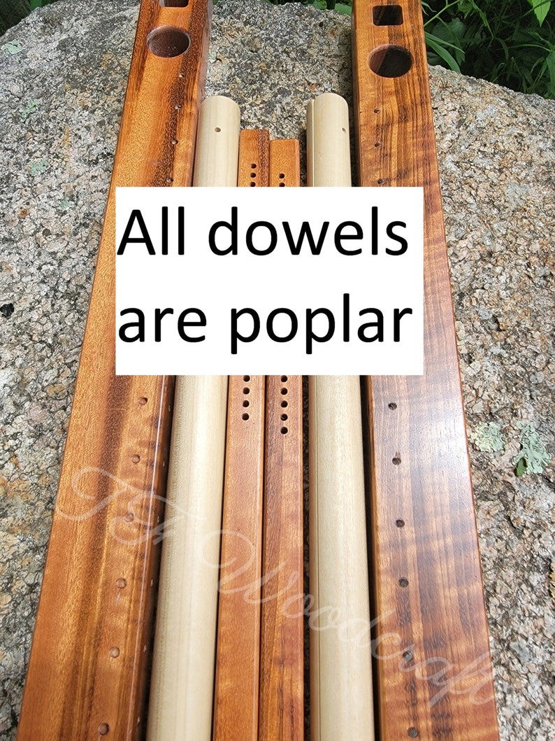 May include: A set of wooden dowels and wooden slats, all in shades of brown. The dowels are light brown and the slats are a darker brown with a reddish hue. The text "All dowels are poplar" is printed on a white background.