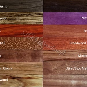 May include: Close-up of eight different wood samples, each labeled with its name. The wood samples are arranged in two rows of four, with the names of the woods printed below each sample. The wood samples are all different colors and textures, and they are all natural.