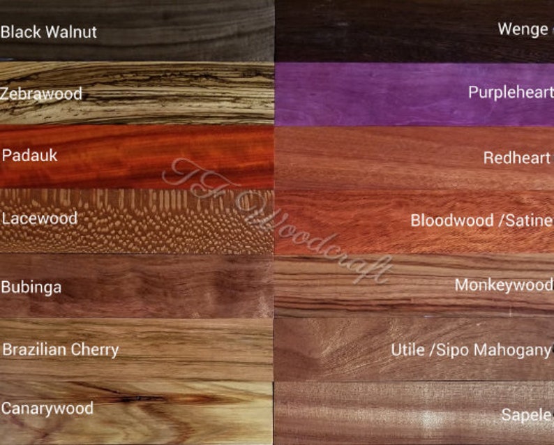 May include: Close-up of eight different wood samples, each labeled with its name. The wood samples are arranged in two rows of four, with the names of the woods printed below each sample. The wood samples are all different colors and textures, and they are all natural.