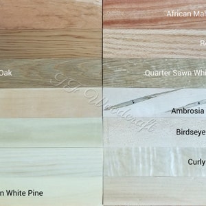 May include: A wood sample chart showing different types of wood, including cherry, cedar, white oak, birch, polar, ash, eastern white pine, African mahogany, red oak, quarter sawn white oak, ambrosia maple, birdseye maple, curly maple, and maple.