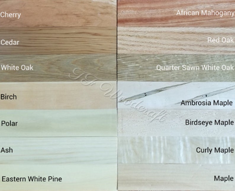 May include: A wood sample chart showing different types of wood, including cherry, cedar, white oak, birch, polar, ash, eastern white pine, African mahogany, red oak, quarter sawn white oak, ambrosia maple, birdseye maple, curly maple, and maple.