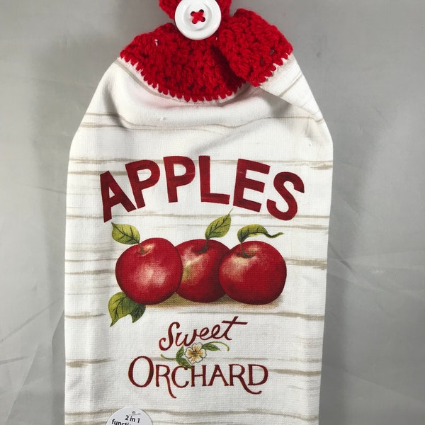 Hanging Crochet Top Kitchen Towel/apples/orchard/fruit/thick kitchen towel/terry cloth towel/towel/hanging loop/dish towel/handmade