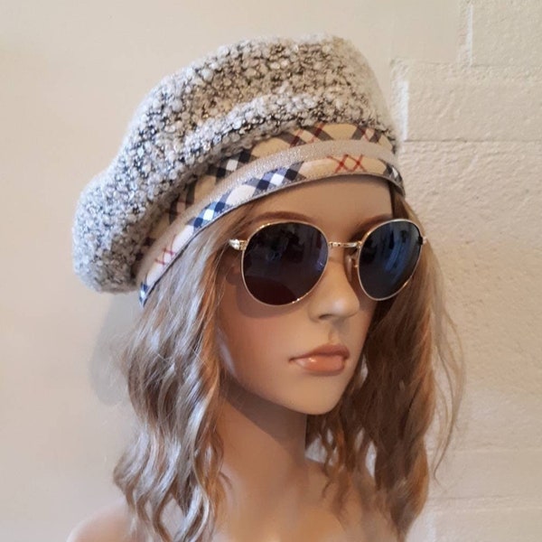 Béret femme/ Béret maille tweed/ Béret écossais/ Béret beige