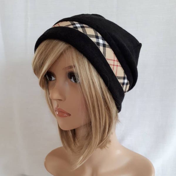 Bonnet femme maille tricot, bonnet élégant, bonnet écossais, bonnet noir,