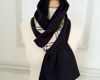 Echarpe tricot noir avec tissu écossais, élégante écharpe, écharpe chic