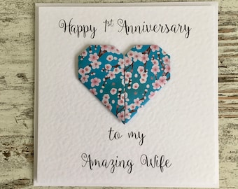 1st wedding anniversary card - paper - 1st anniversary card - Origami Heart - Wife