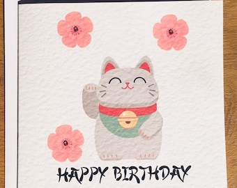 Good Luck Birthday Card - Lucky Cat - Maneki Neko