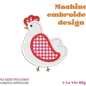 May include: Machine embroidery design of a white chicken with a red and white checked wing. The text "Machine embroidery design" is above the chicken.