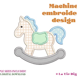 May include: Machine embroidery design of a rocking horse with a light brown body, a green saddle, a blue and white polka dot tail, and a gray rocking base.