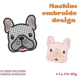 May include: Machine embroidery design of a French bulldog face with a gingham pattern. The design is available in multiple sizes.
