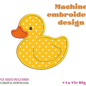 May include: Machine embroidery design of a yellow rubber duck with white polka dots. The duck has a small orange beak and black eyes.