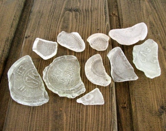 Baltic sea glass bottle bottoms surf tumbled white clear glass frosted glass white beach glass numeral glass bottom 10 pcs halfs quarters