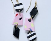 SALE ~ Polymer Clay Drop Earrings 80s 90s Black White Striped Pink Dotted Shapes