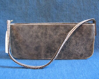 Leslie Hsu Distressed Black Leather Clutch with Swarovski Crystal Strap NWT