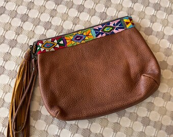 Chocolate Brown Pebble Leather Clutch with Embroidery