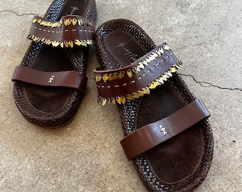 Henry Beguelin Vintage Brown Leather Sandals with Brass Jewelry Detail 38.5