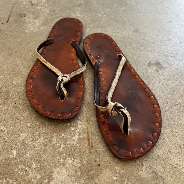 Henry Cuir Brown Leather Sandal with Linen Size 8.5