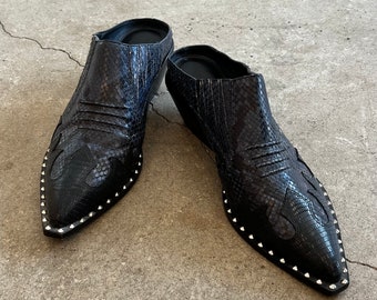 Sigerson Morrison Cowboy Boot Shoe in Black Blue Snake Leather with Studs 8.5