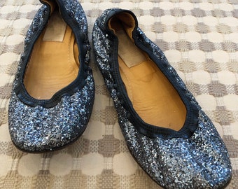 Lanvin Black and Silver Sparkle Leather Flats Size 39