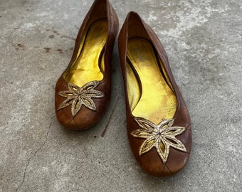 Miu Miu Brown Leather Flat with Gold Cut Out Flower Detail 8.5