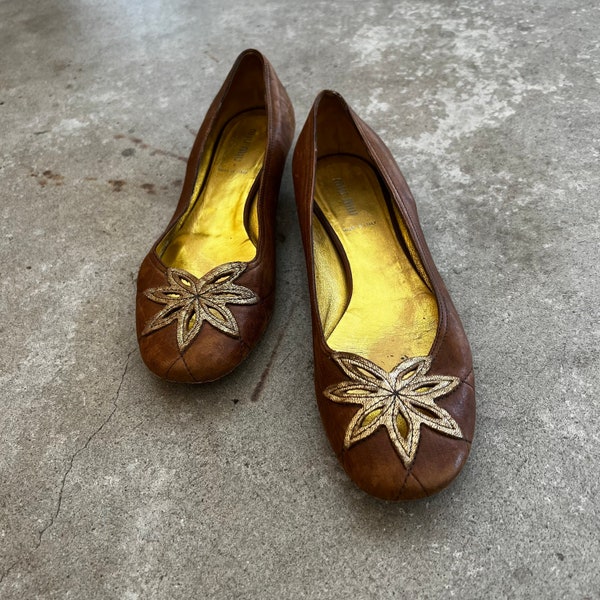 Miu Miu Brown Leather Flat with Gold Cut Out Flower Detail 8.5