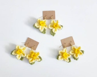 Crochet Daffodil Earrings, Cute Flower Floral Jewellery