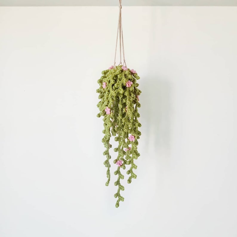 May include: A crocheted hanging plant with green leaves and pink flowers. The plant is hanging from a white ceiling.