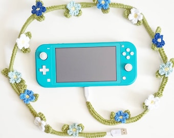 Blue Crochet Flower Vine Charger Cable, iPhone Lightning / USB C / Micro USB