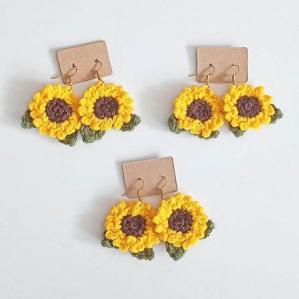 Crochet Sunflower Earrings, Cute Flower Floral Jewellery