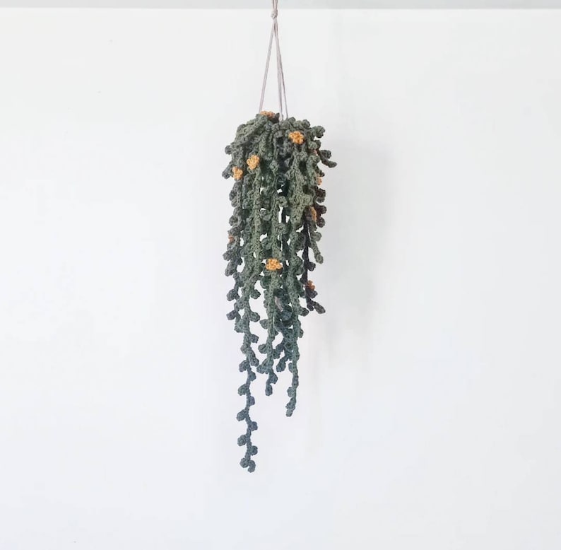 May include: A crocheted hanging plant with green leaves and small yellow flowers. The plant is hanging from a white ceiling.